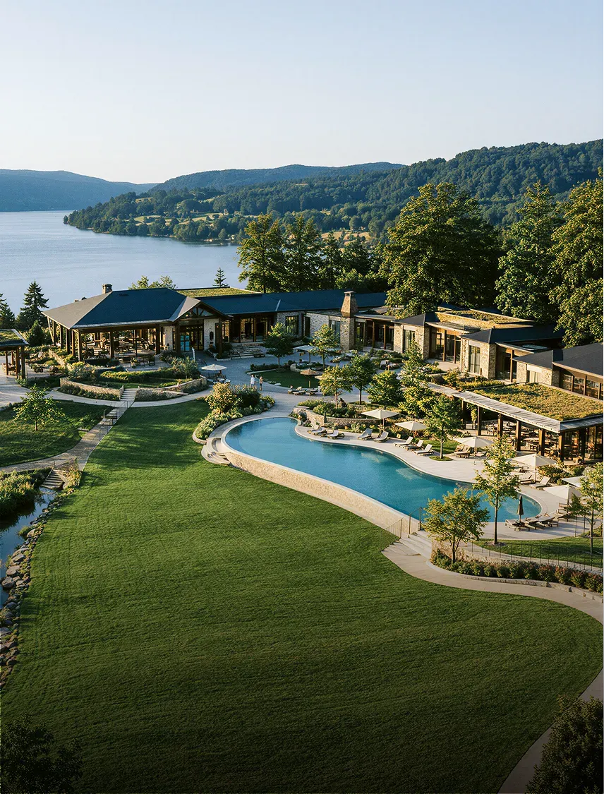 Pool und Rasen eines Resorts